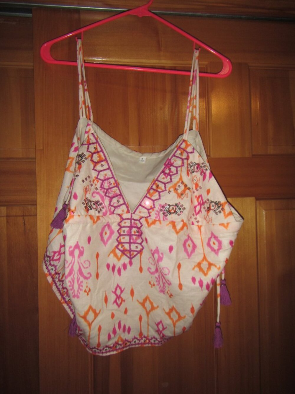 Boho Ikat Print Tassel Cami Top • Size L • Pink Orange White